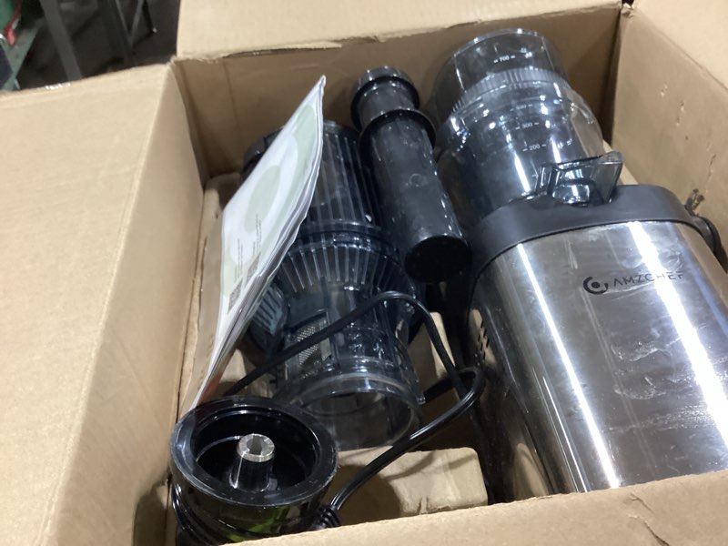 Condition photo showing As Is for amzchef cold press juicer, juicers machines - wide mouth & large feed chute for whole fruits & vegetables, stainless steel slow masticating juice easy to clean, large auger, double strainers silver upgraded wide mouth & large feed chute
