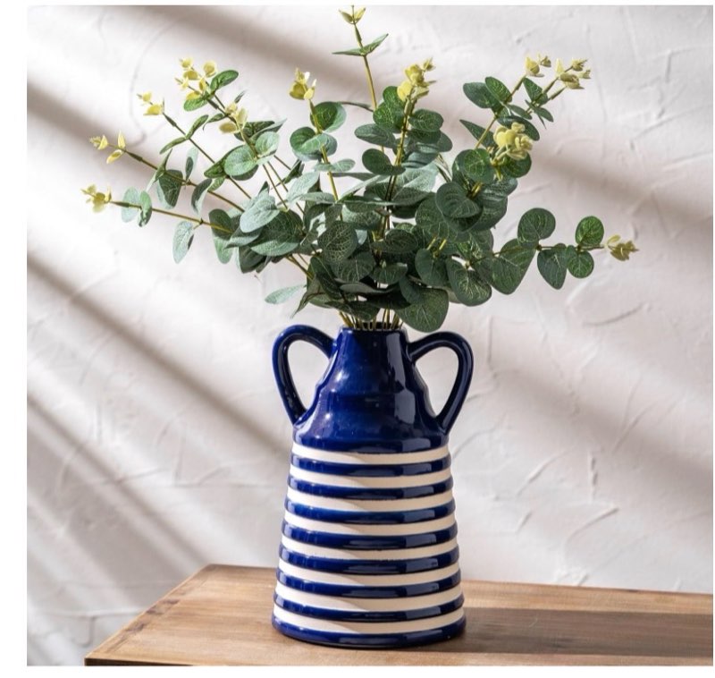Ceramic Blue and White Checkered Stripes Vase with Handles, Modern Bohemian Floral Navy Blue Vases 