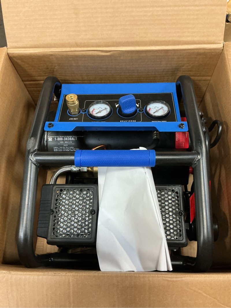 Condition photo showing As Is for kobalt quiet tech 2-gallon portable electric 125 psi hot dog air compressor