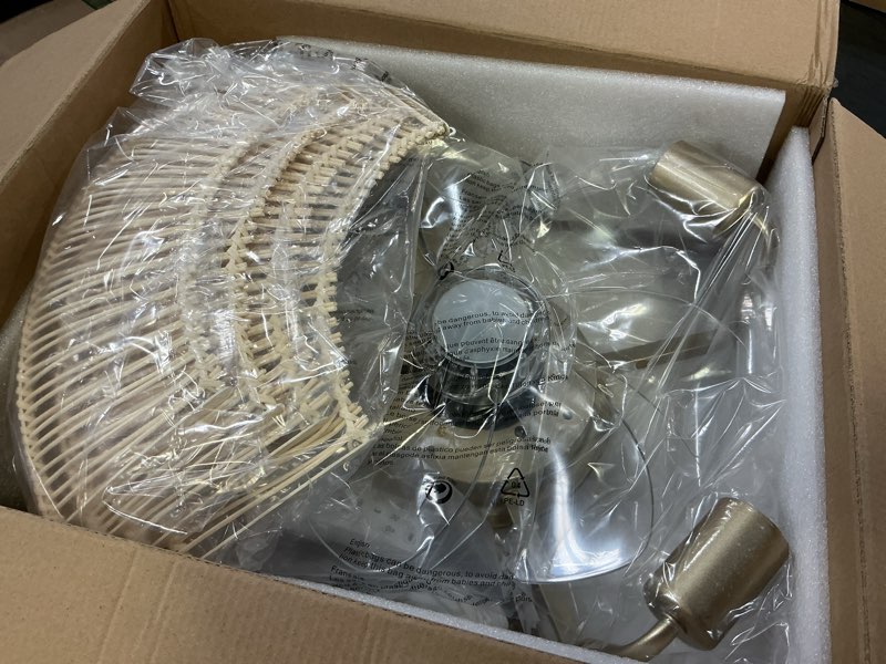 Condition photo showing Good Condition for 20'' Boho Rattan Ceiling Fan with Light, Coastal Caged Ceiling Fans with Lights and Remote Control, Enclosed Hidden Flush Mount with Reversible 6 Speeds for Living Room Bedroom Nursery