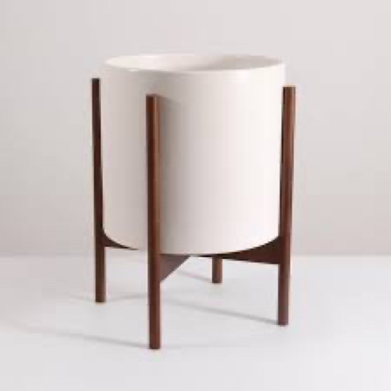 Venuma Mid Century Pot with Walnut Wood Stand - 12 inch Indoor Large Ceramic Planter for Plants, Flo