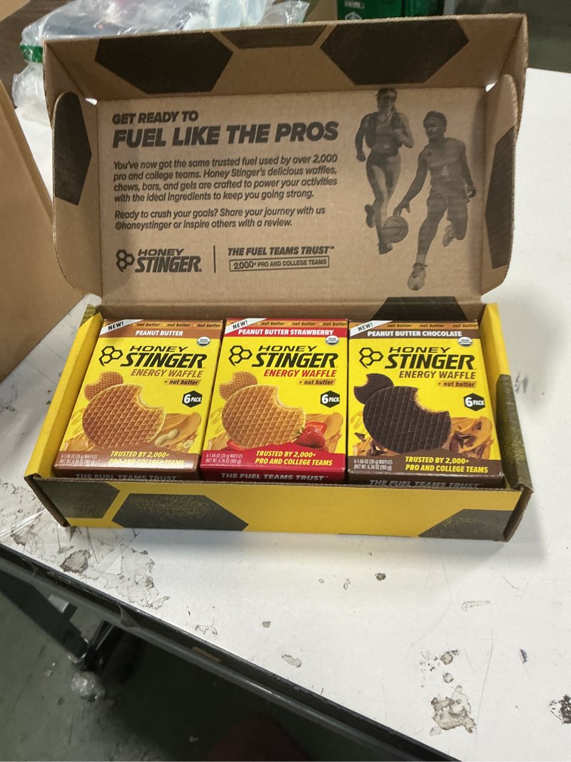 Condition photo showing New/Like New for Honey Stinger Organic Peanut Butter Energy Waffle Variety Pack, 6 Pack Each of Peanut Butter, PB Chocolate and PB Strawberry, Nutritious Stroopwafel Snack for Exercise, Endurance and Performance PB Variety Pack 18 Count
