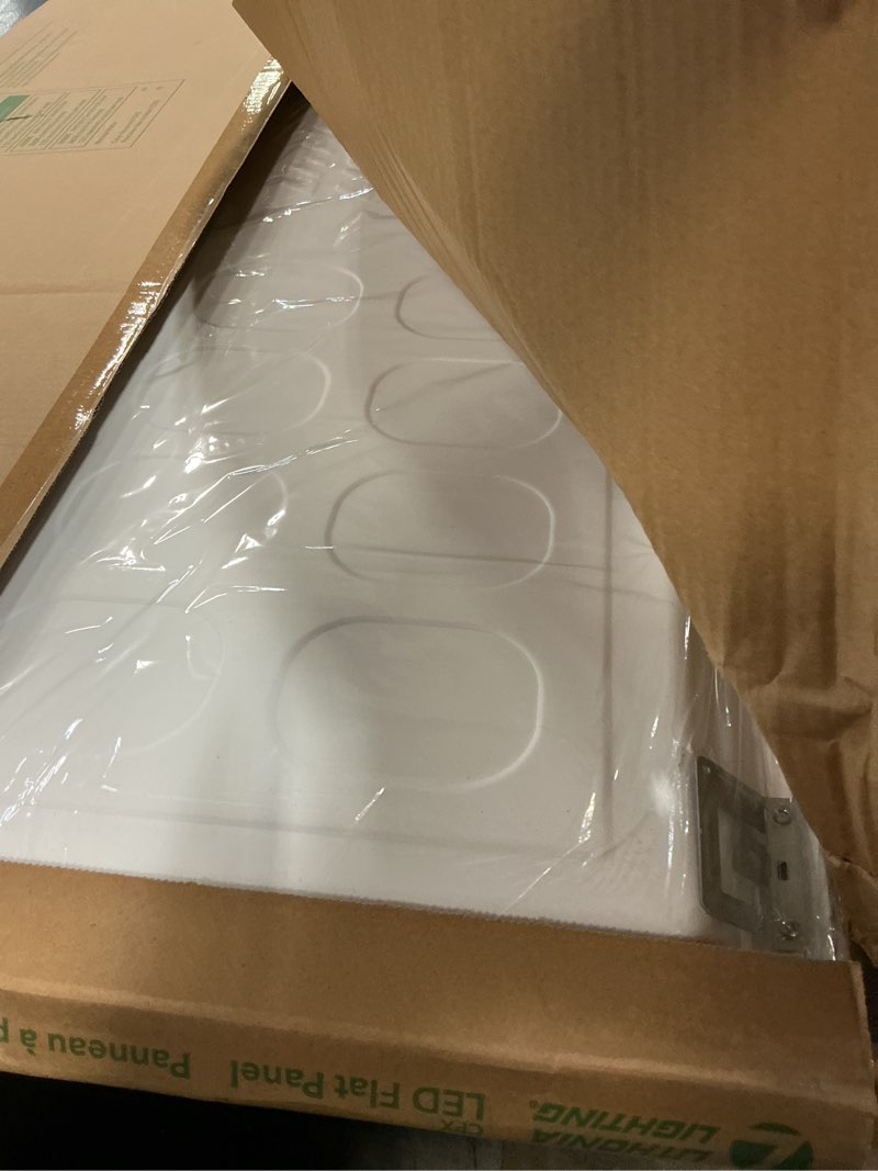 Condition photo showing As Is for lithonia lighting cpx 2x4 led flat panel light, 2 ft. x 4 ft. led light panel, ceiling lighting fixture, 4000/5000/6000 adjustable lumens, 3500k/4000k/5000k switchable cct, smooth satin lens, white 3500k | 4000k | 5000k 2 ft. x 4 ft. switchable lumens space