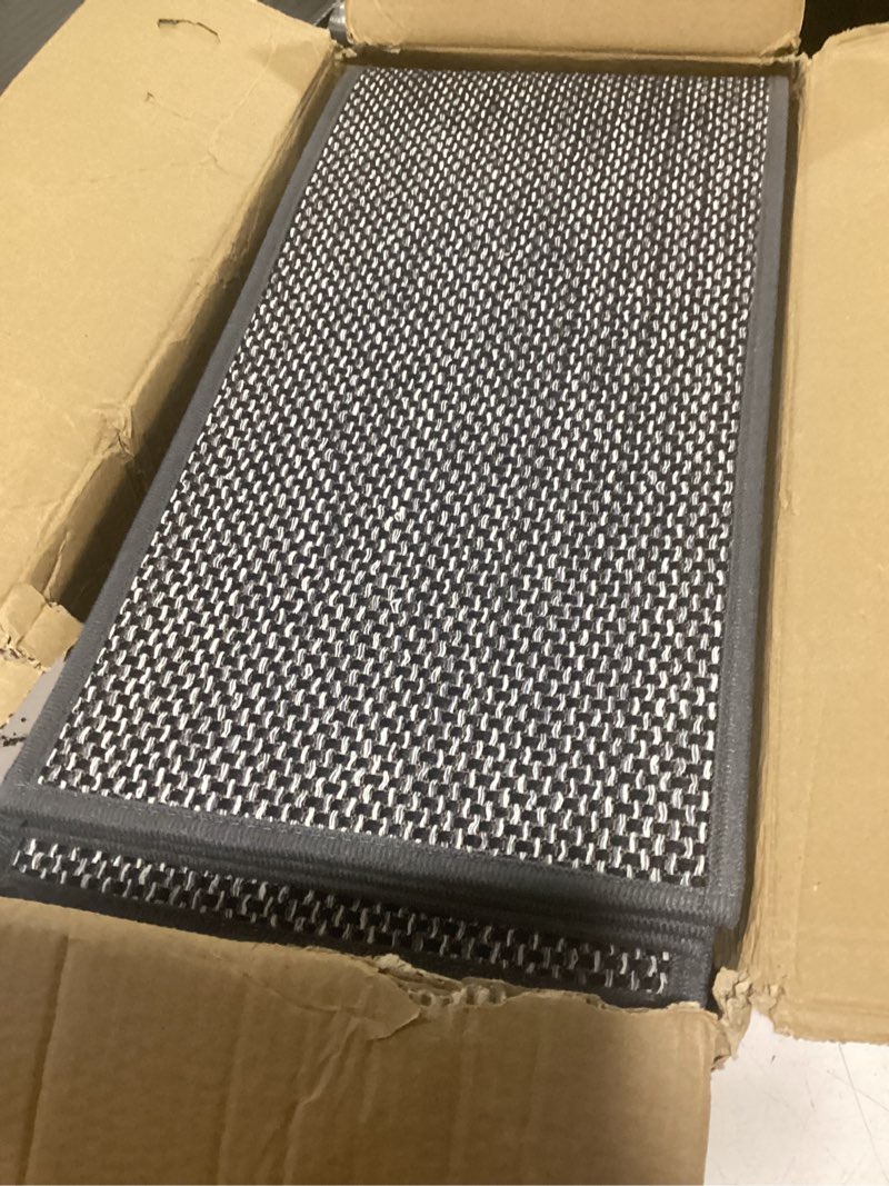 Condition photo showing As Is for dirt trapping door mat 24"x36", grey & white faux jute entryway rug grey & white 2' x 3' (rectangular)