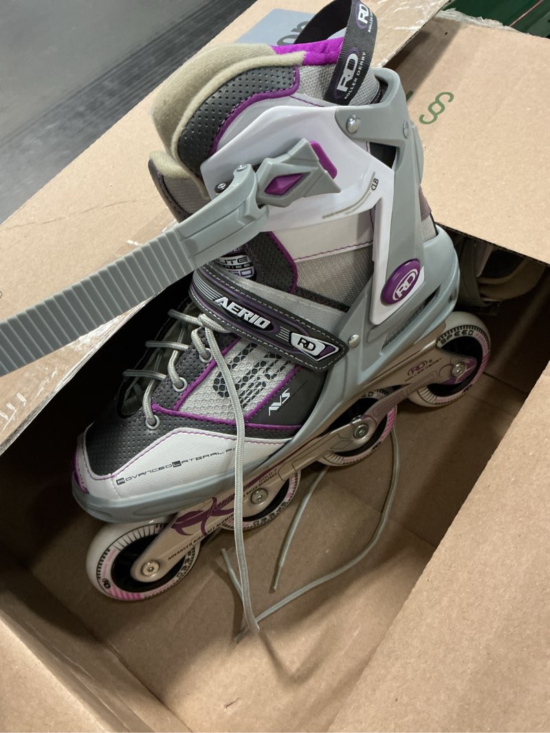 Condition photo showing Good Condition for Roller Derby AERIO Q-60 Women's Inline Skates size 8 colors gray -purple-white 