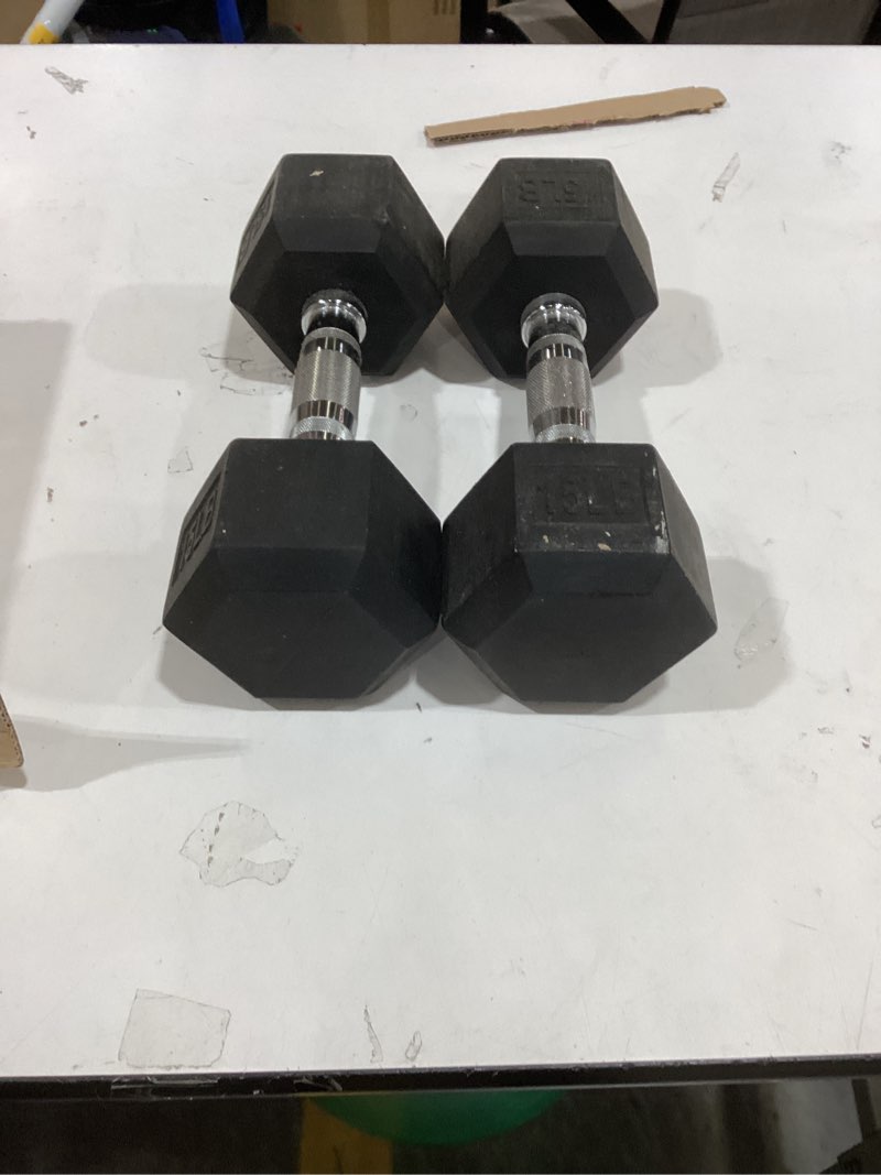 Condition photo showing Good Condition for fitvids rubber encased hex weights dumbbells, 15lb set of 2, black