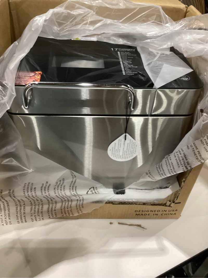 Condition photo showing Good Condition for kbs pro 710w 2lb bread maker, stainless steel 17-in-1 smart bread machine with healthy ceramic pan, automatic nut dispenser, tempered glass touch panel, 3 crust colors, 15h timer& keep-warm, recipes silver stainless steel, similar to stock photo, not tested