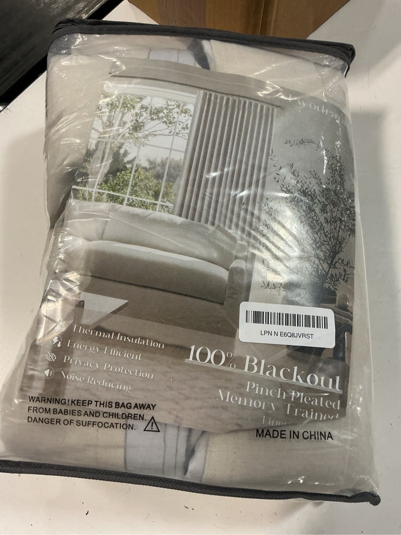 Condition photo showing New/Like New for oatmeal beige pleated linen blackout curtains 90 inches long for bedroom living room pinch pleat black out thermal insulated neutral ring hooks back tab room darkening drapes curtains with liner oatmeal 40"w x 90"l (pack of 2)