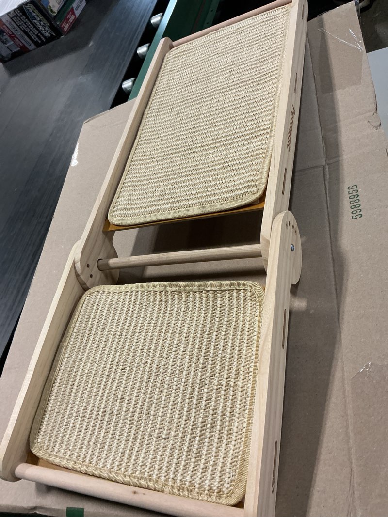 Condition photo showing As Is for solid wood cat scratching post, 3-in-1 adjustable angles (90°/130°/150°), cat scratcher replaceable sisal pad, no assembly required, cat scratch furniture protector.