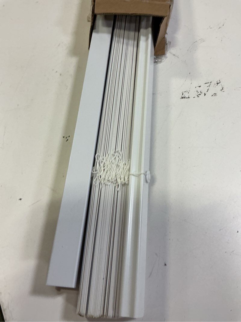 Condition photo showing As Is for lazblinds no tools no drill 1" vinyl mini blinds, cordless blinds for windows, light filtering horizontal window blinds & shades, 26 1/2" w x 64" h, white cordless-white 26 1/2" w x 64" h