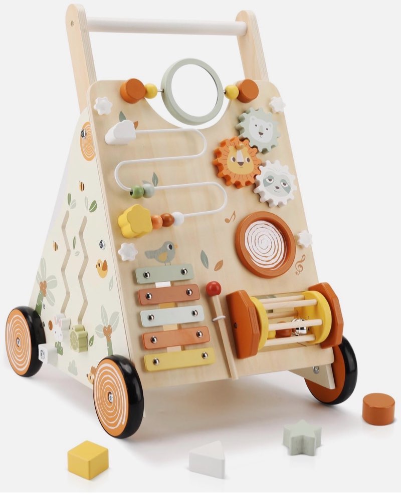 Pithfor Wooden Baby Walker, Baby Push Walker with Activity Center for Girls Boys