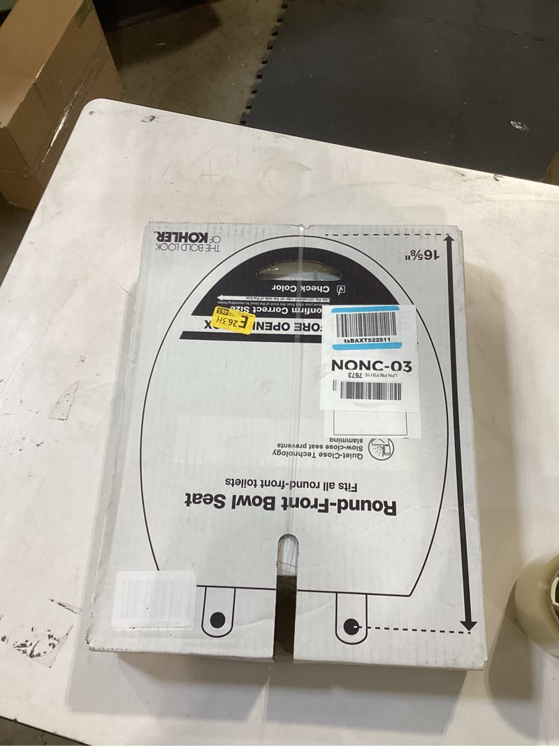Condition photo showing New/Like New for kohler 20111-0 brevia, slow close toilet seat, round toilet seat, grip-tight bumpers quick-attach hardware, white