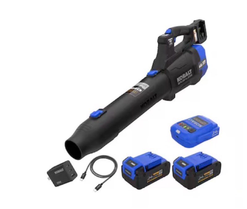 kobalt 48v max (24vx2) 600 cfm / 150 mph handheld leaf blower kit, (2) 4.0ah batteries and charger included