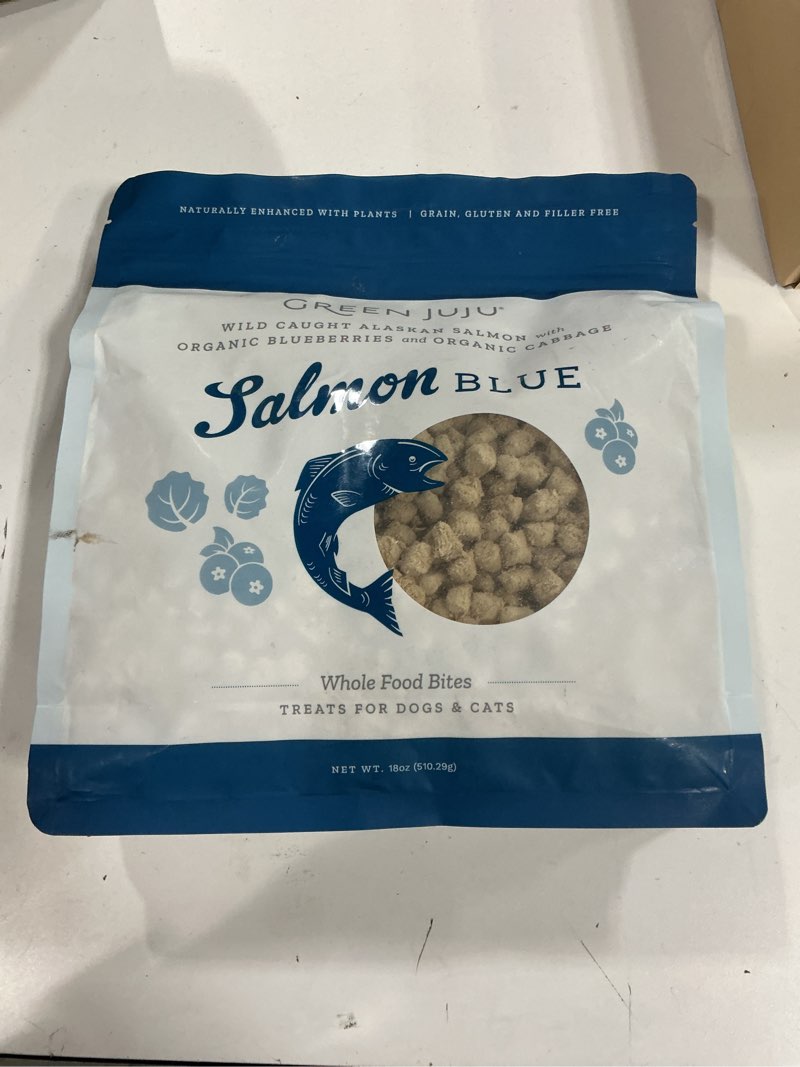 Condition photo showing New/Like New for (( best by/01/06/2028))green juju salmon blue freeze-dried whole food bites for dogs & cats, 18-oz