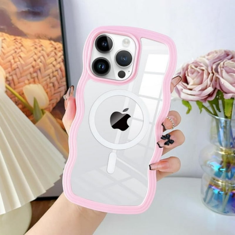 case for iphone 15 pro max case wavy with magsafe curly wave frame shape silicone cute shockproof utra thin protective phone cases for iphone 15 pro max pink