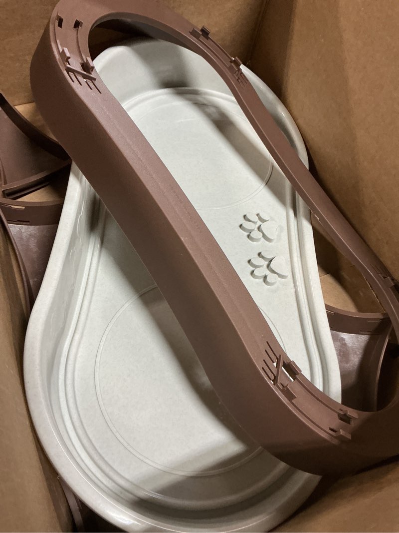 Condition photo showing As Is for dog bowl stand - 8.5 inch tall feeding tray for dogs and cats, dog bowl stands for large dogs with splash guard and non-skid feet by petmaker (brown) elevated