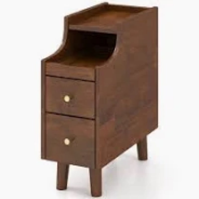 Narrow Nightstand with Drawers, 11.8" Slim Solid Wood Bedside Table with Open Shelf & Cable Hole, Mo