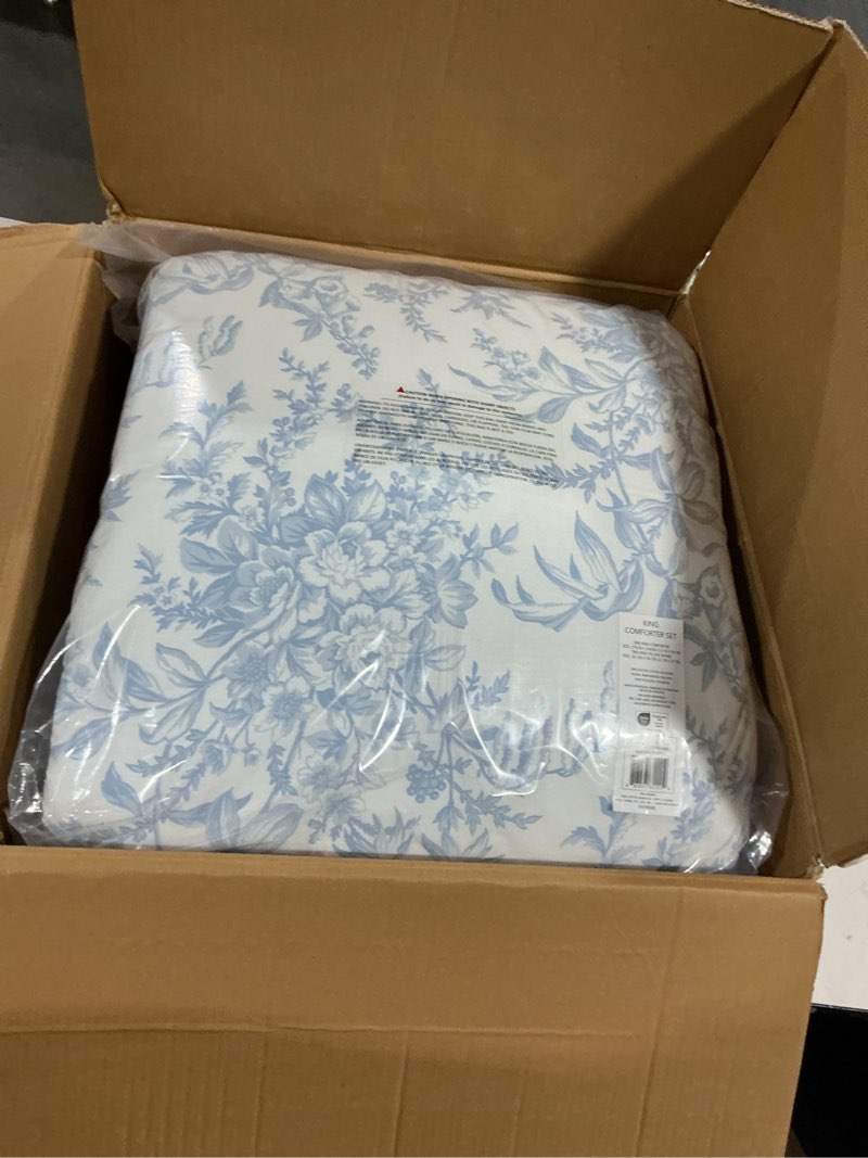 Condition photo showing Good Condition for laura ashley- king comforter set, cotton reversible bedding set with matching sham(s), farmhouse home décor (bedford blue, king) bedford blue king