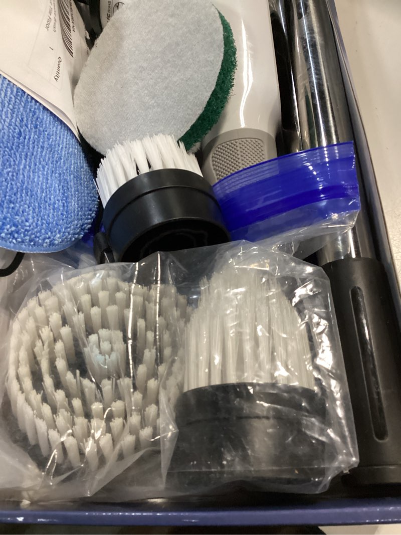 Condition photo showing As Is for dovety electric spin scrubber, cordless cleaning brush, shower scrubber with 8 replaceable brush head, power cleaning brush with extension handle, 2 adjustable speed, for bathtub grout tile floor dovetywhite