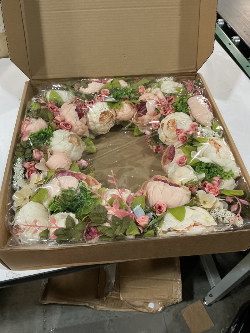 Condition photo showing New/Like New for front door wreath, 22 inch spring wreath handmade peony rose door summer wreaths for outdoor front door, wall and window decor 22 inches pink