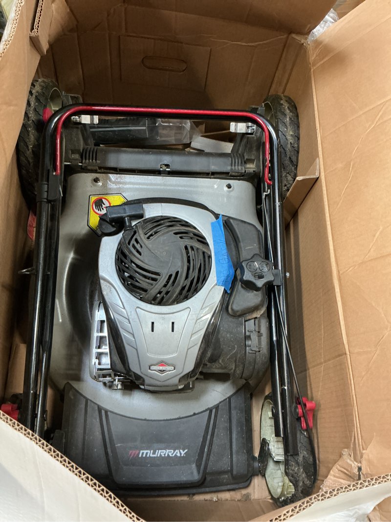 Condition photo showing As Is for murray 21 in. 140 cc briggs and stratton walk behind gas push lawn mower with height adjustment and with mulch bag