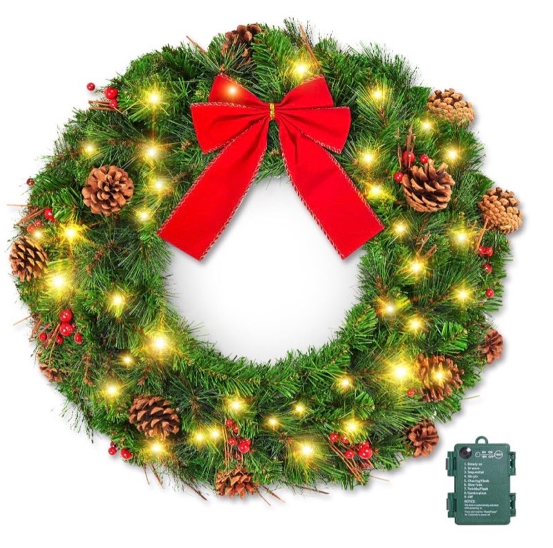 Christmas Wreath Front Door Wreath - 24 Inch Pre-Lit Outdoor Wreaths for Front Door Battery Operated