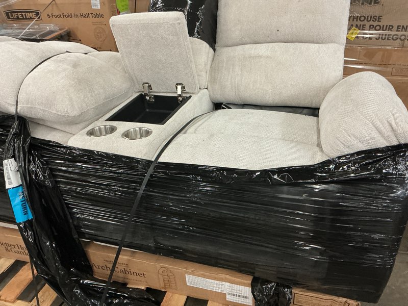 Condition photo showing As Is for casual dual lift power reclining loveseat with heat and massage capabilities and power headrest