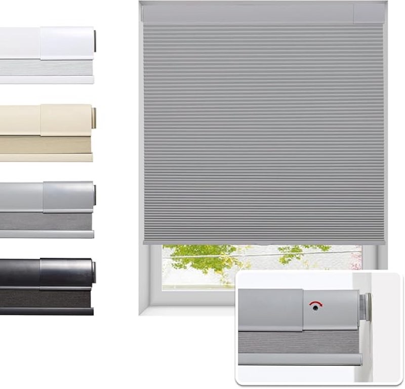  No Drill Cellular Shades for Indoor Windows, Thermal Insulating & Noise Reducing Honeycomb Blinds, Free Stop Cordless Blackout Shades, Grey, 22" W x 64" H