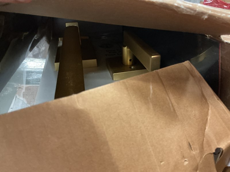 Condition photo showing As Is for Kwikset San Clemente Front Door Lock Handle and Deadbolt Set, Entry Handleset Exterior with Interior Reversible Lever, Satin Brass, Pick Resistant SmartKey Deadbolt Security, with Microban Protection Satin Brass With Handle Keyed Entry