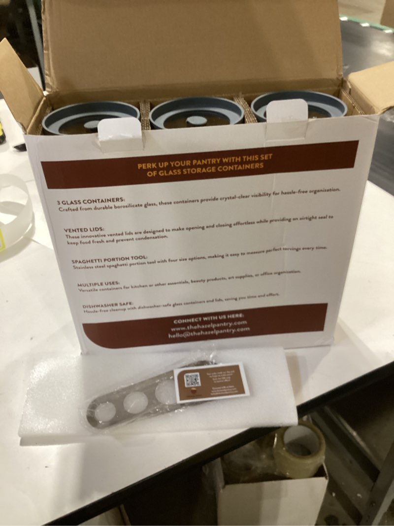 Condition photo showing New/Like New for Glass Spaghetti Kitchen Storage Containers with Airtight Silicone Lids, BPA-Free Pantry Glass Storage Jars with Airtight Lid for Pasta and Dry Foods - Set of 3 with Portion Tool Glass - 3 Set