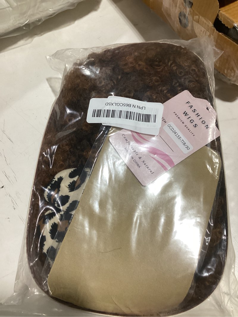Condition photo showing Good Condition for wiger short afro curly wigs attached headband bouncy curly wig ombre brown synthetic kinky afro wig with headbands (t1b30) 1b30#