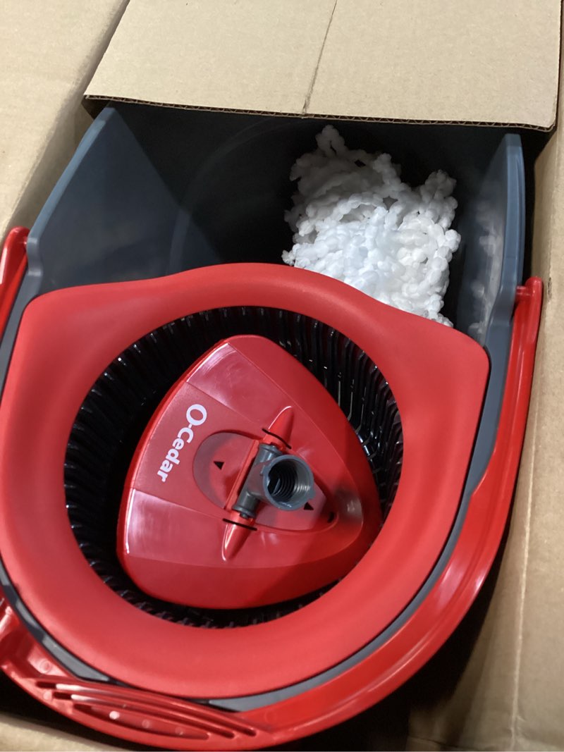Condition photo showing As Is for o-cedar easywring microfiber spin mop, bucket floor cleaning system, red, gray, standard