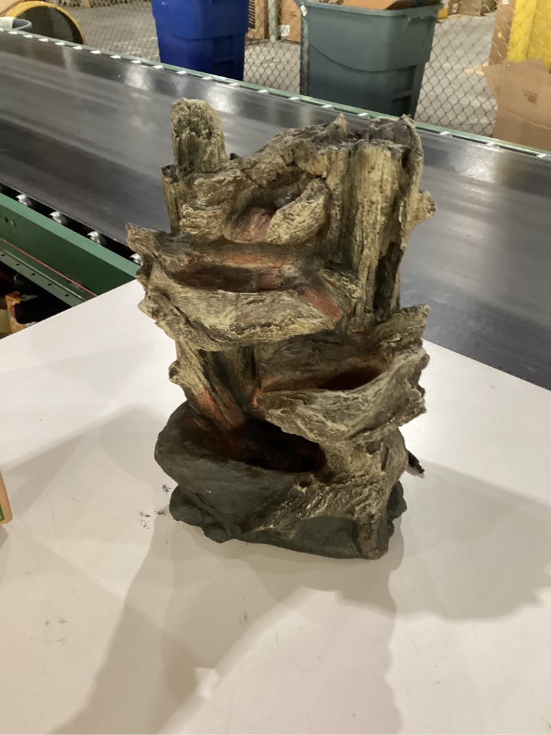 Condition photo showing As Is for Alpine Corporation | 14"H Indoor Tiered Log Tabletop Fountain with LED Lights — Cascading Waterfall Design Creates Relaxing Ambiance for Home & Office Décor Multi Tier Rainforest