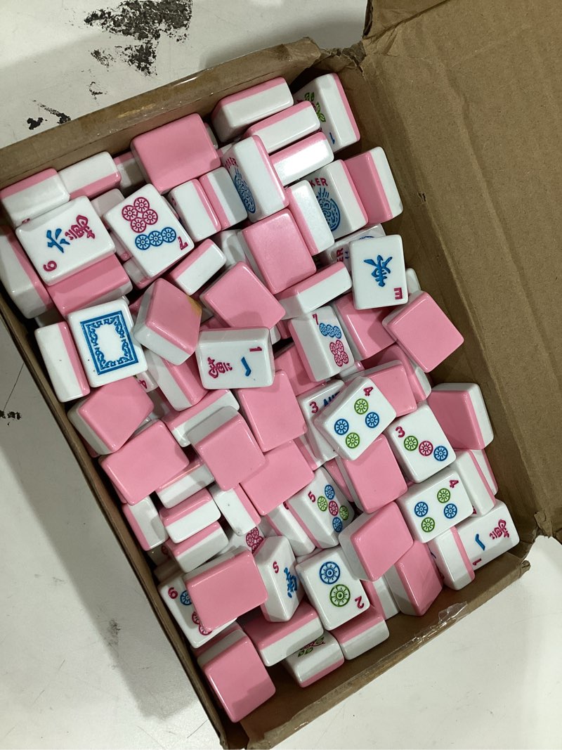 Condition photo showing As Is for american mahjong game set, 166 pink tiles (1.2”), 4 all-in-one color rack/pushers & drawstring bag, complete mahjong sets with pink printed carrying bag and mahjong tile set accessories