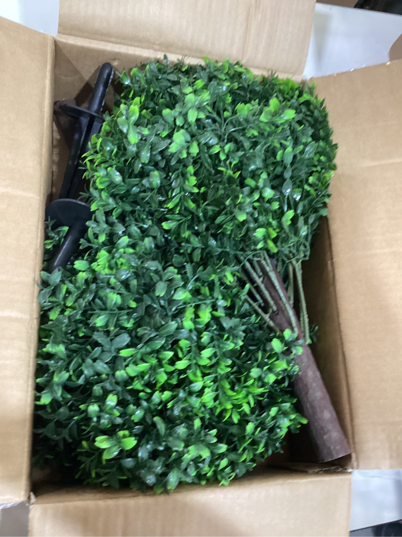 Condition photo showing Good Condition for 27.5" artificial boxwood topiary ball tree, set of 2 fake bushes shrubs with ground spike, uv resistant faux evergreen boxwood trees for front porch planters outdoor garden decor green-boxwood