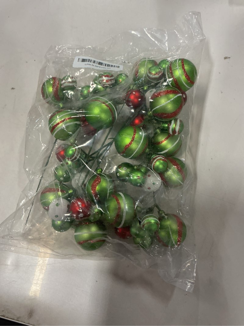Condition photo showing Good Condition for 8 Pcs Lime Green Christmas Tree Picks 7.87 Inch Christmas Balls Ornaments Xmas Hanging Peppermint Decorations for Xmas Tree Topper DIY Wreath Holiday Floral Vase Fillers Crafts Home Decor Red Green White 8