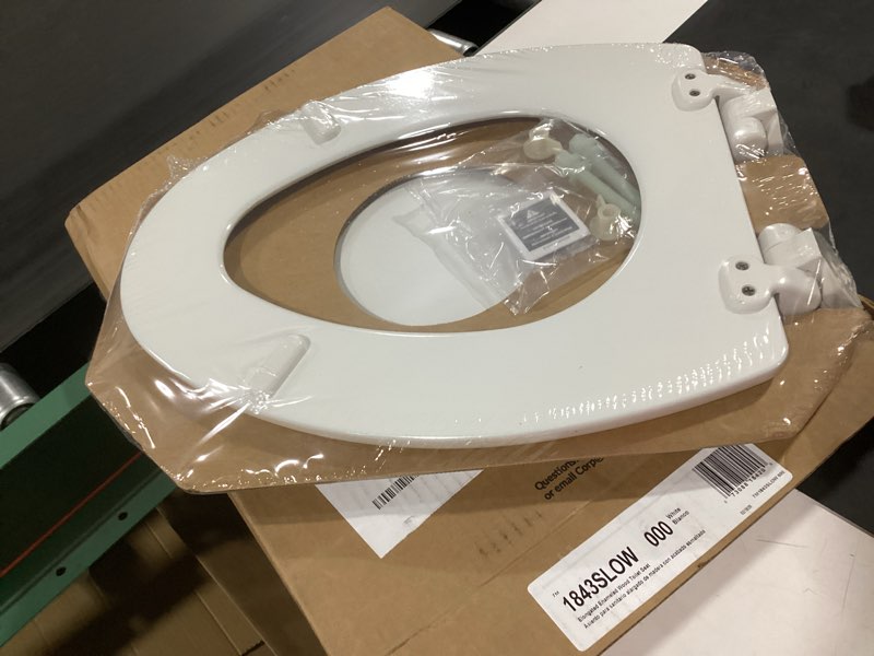 Condition photo showing New/Like New for mayfair linden slow close toilet seat, non slip heavy duty wood, easy install, elongated, white