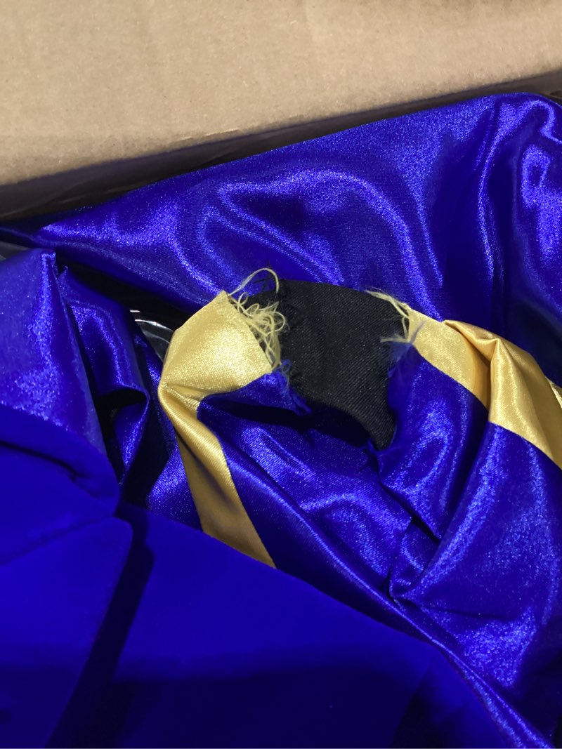Condition photo showing As Is for doctoral regalia set with phd hood and 8-side tam graduation gown with gold piping and velvet trim ceremony attire 48 black, ripped