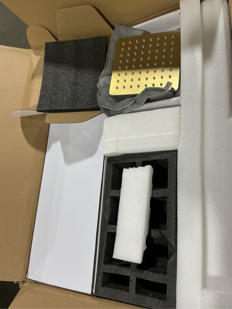 Condition photo showing As Is for Thermostatic Shower System with 14x20 Inch Ceiling Mount LED Head & 6 Inch Wall Head and Handheld Shower 4 Function Vale with body jets Can All Run Together,Brushed Gold 14x20 led+6 jets Brushed Gold