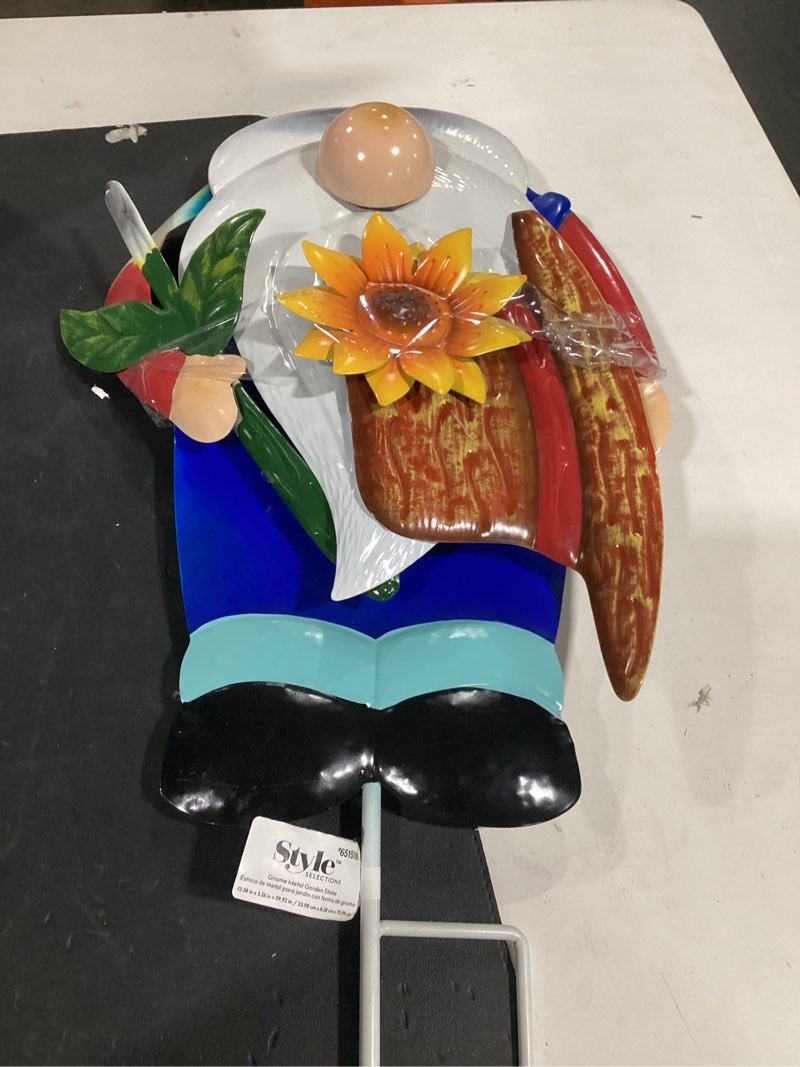 Condition photo showing As Is for country farmer gnome with sunflower 2.49 ft. multicolor metal garden stake