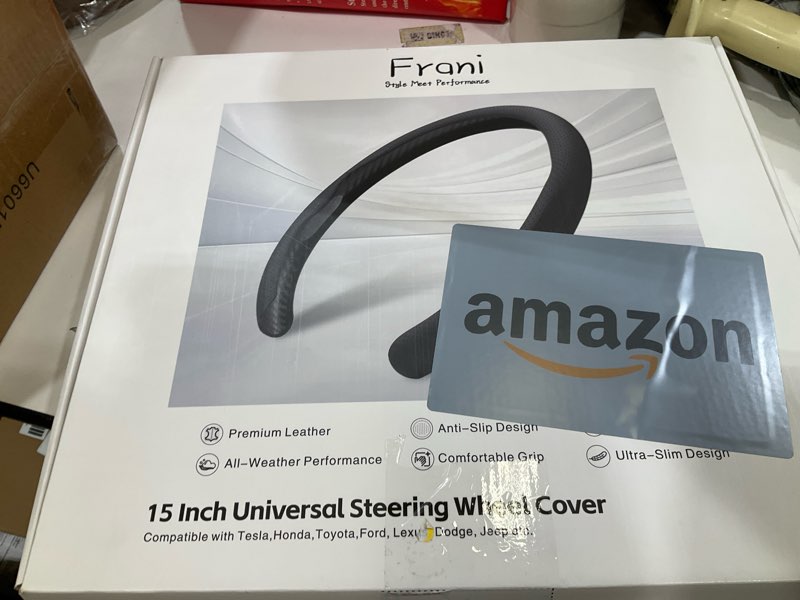 Condition photo showing item condition for Frani Leather Steering Wheel Cover,Universal Fit 15 Inch-Premium Non-Slip Breathable Comfort Grip for Cars Trucks SUVs,Anti-Slip Durable Interior Upgrade Carbon Fiber Pattern Black carbon fiber texture