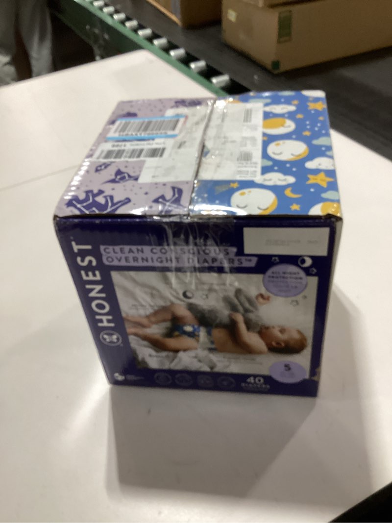 Condition photo showing New/Like New for The Honest Company Clean Conscious Overnight Diapers for Sensitive Skin, Hypoallergenic Fragrance-Free Baby Diapers, Cozy Cloud and Star Signs Design, Club Box, Size 5 (27+ lbs), 40 Count Size 5 40