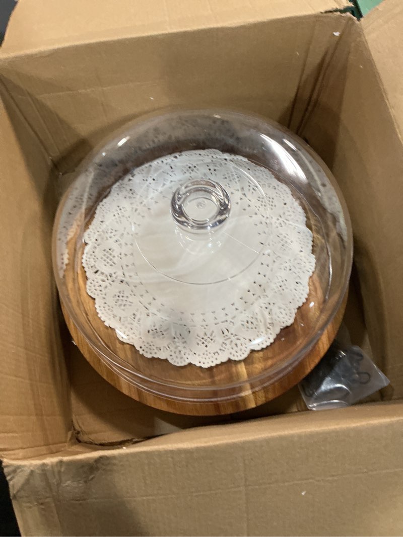 Condition photo showing Good Condition for bellsal cake stand with dome lid, 12in acacia wood cake plate with cover, wooden cake display stand with acrylic dome, cake decorating for baking gifts, birthday kitchen party, weddings acrylic dome -rotatable