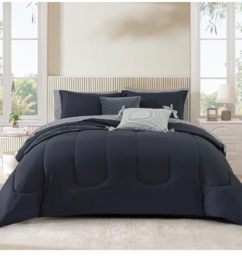 Monbix Queen Comforter Set - 7 Pieces Blue Grey Bed in a Bag Queen Track Stitching Bedding Sets, All
