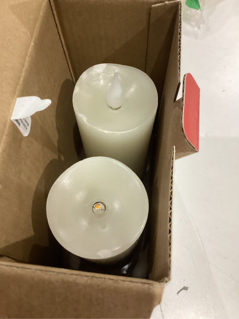 Condition photo showing As Is for flameless candles battery operated with remote timer, 3d moving flame flickering, last 400+ hours, 2" x 4" ivory real wax electric led candle for christmas home wedding decor, 2 pack 2" x 4"-2 pack