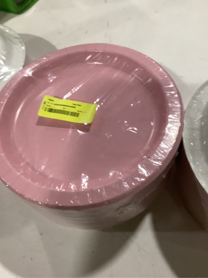 Condition photo showing New/Like New for item similar to photo) qzyl 85 pcs paper plates, 9 inches pink disposable plates, heavy duty party plates round dinner plates tableware set for daily meals party supplies birthday picnic wedding baby shower