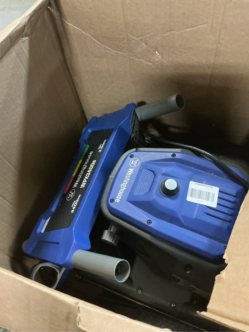 Condition photo showing As Is for westinghouse wpx3400e electric pressure washer, 3400 max psi and 2.0 max gpm, brushless motor, onboard soap tank, spray gun and wand, 5 nozzle set, for cars/fences/driveways/homes/patios/furniture
