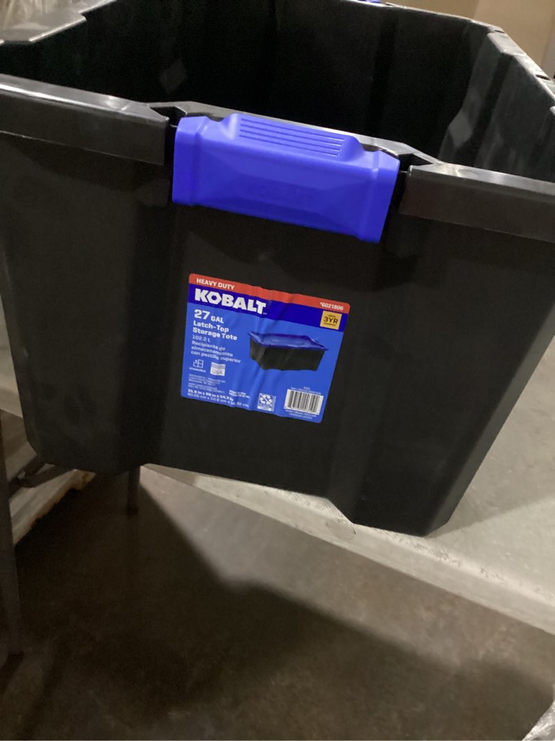 Condition photo showing As Is for possibly incomplete no lid crackedkobalt large 27 -gallons ( 108 -quarts ) black heavy duty stackable tote with latching lid