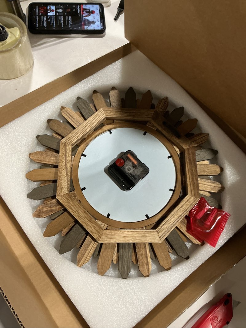 Condition photo showing Good Condition for honiway 14 inch wall clocks battery operated silent non ticking rustic wood boho sunburst decorative wall clock for living room kitchen bedroom farmhouse office decor (tricolor-roman numerals) tricolor 14 inch