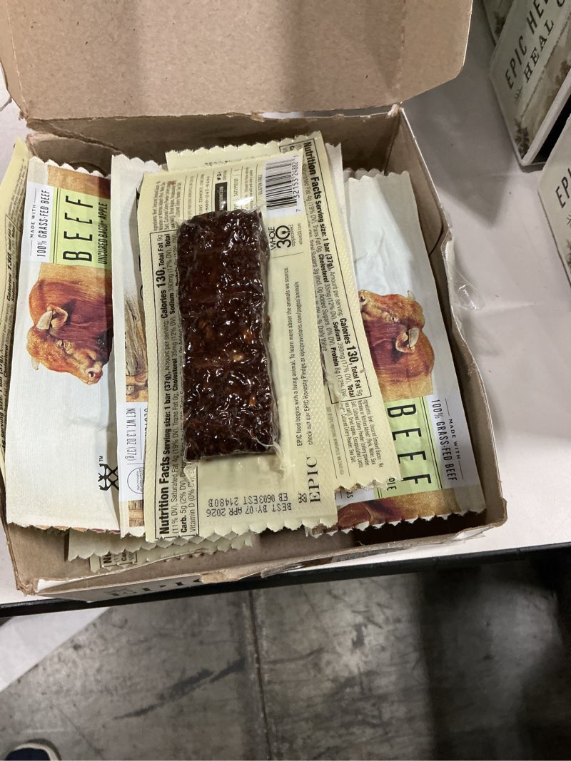 Condition photo showing New/Like New for Best by 04/07/26 Epic Beef Apple Bacon Bars, Whole30, Paleo Friendly, 12 ct Beef Apple Bacon 12 Count (Pack of 1)